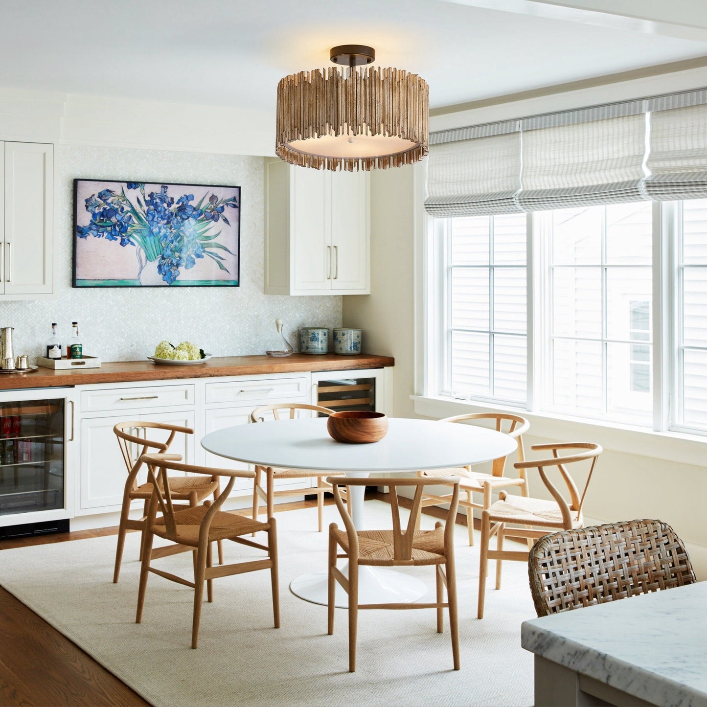 Distressed White 3-Light Wood Drum Semi-Flush Mount Ceiling Light