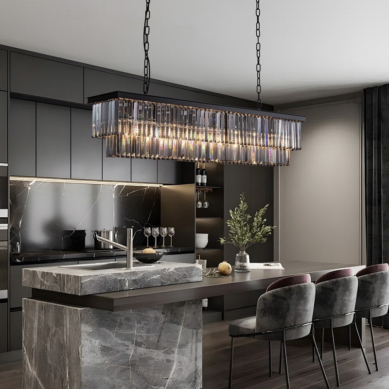 47 in. Smoked Gray and Black Modern Contemporary Crystal Chandelier 2-Tier Linear Kitchen Island Pendant Light for Dining Room