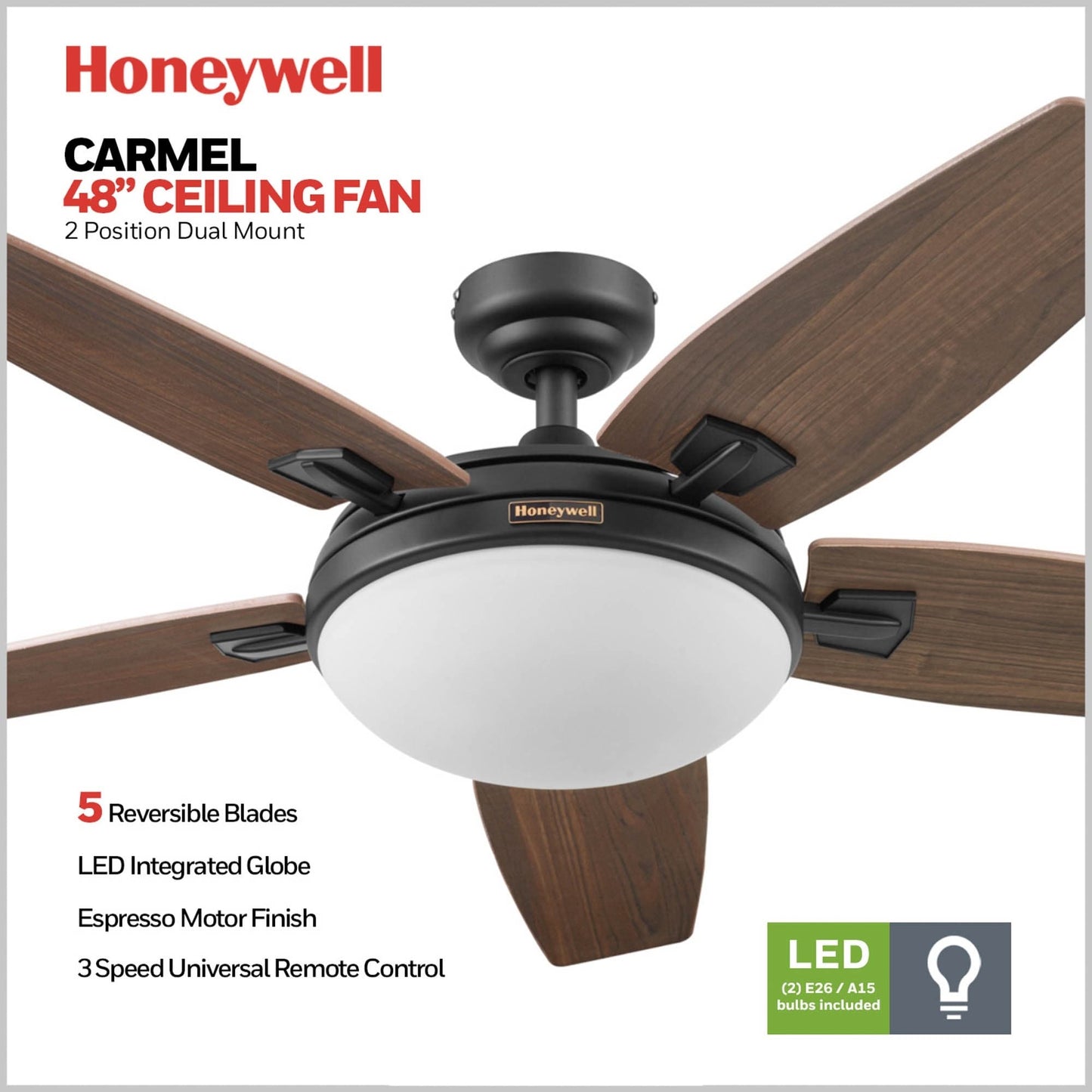48 Honeywell Carmel Ceiling Fan with Integrated Light and Remote