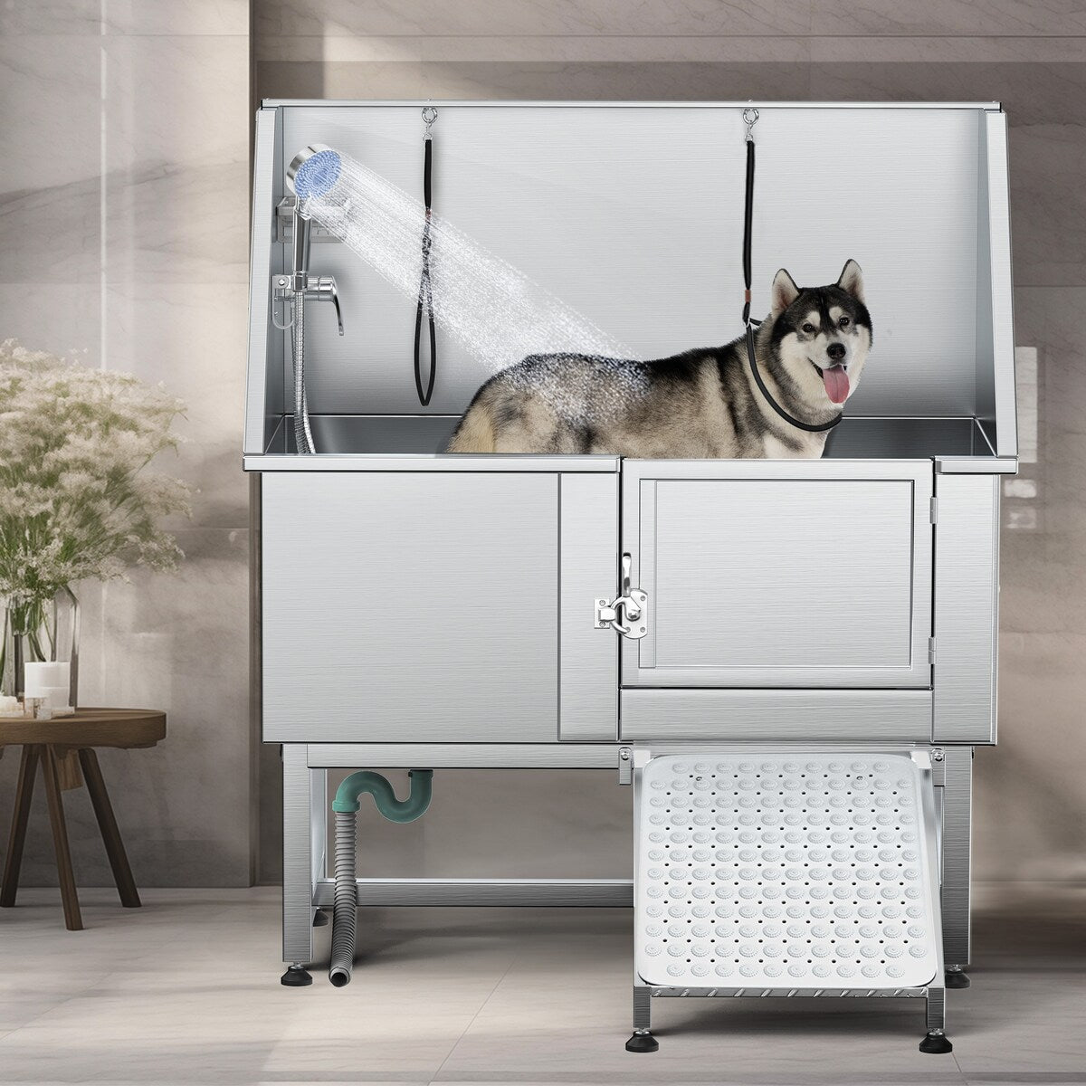 50'' W Stainless Steel Adjustable Pet Grooming Tub with Ramp - Silver