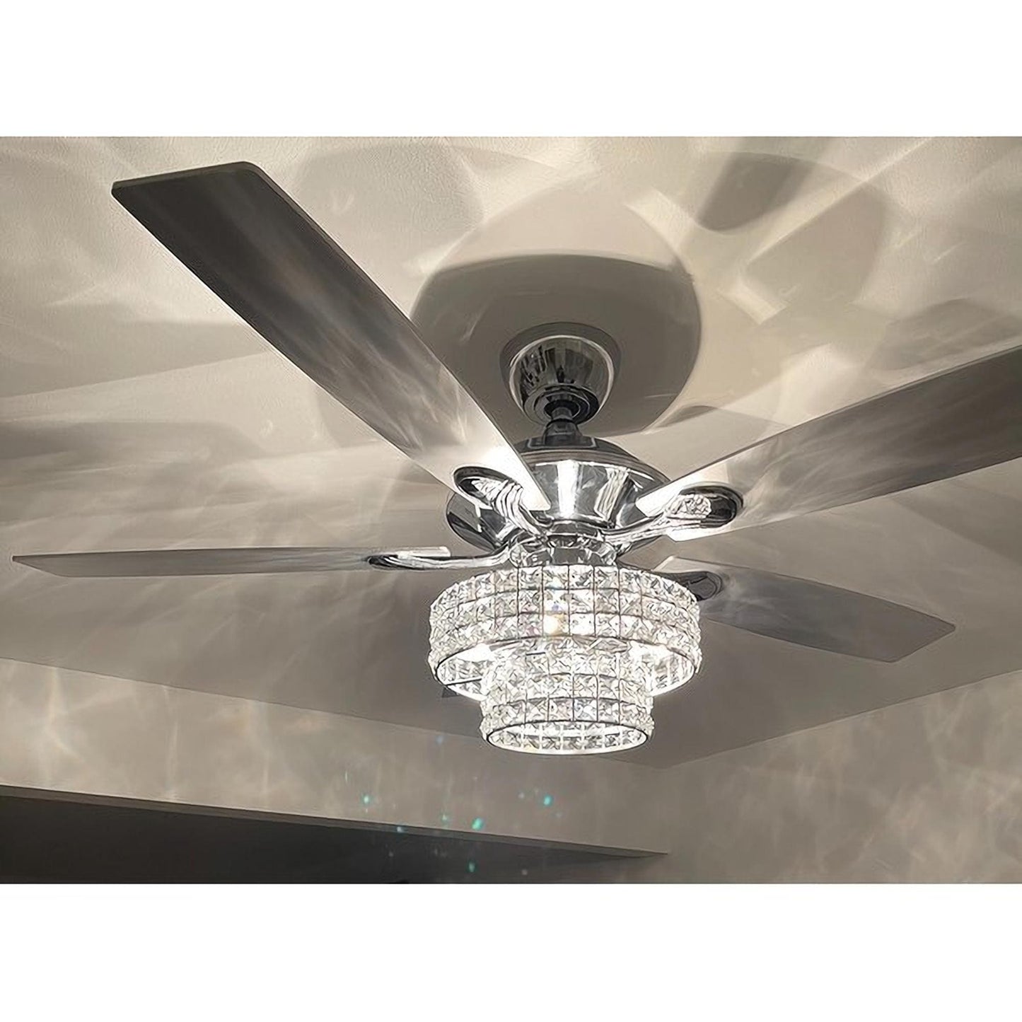52-inch Chrome Wooden 5-blade Modern Crystal Ceiling Fan with Remote