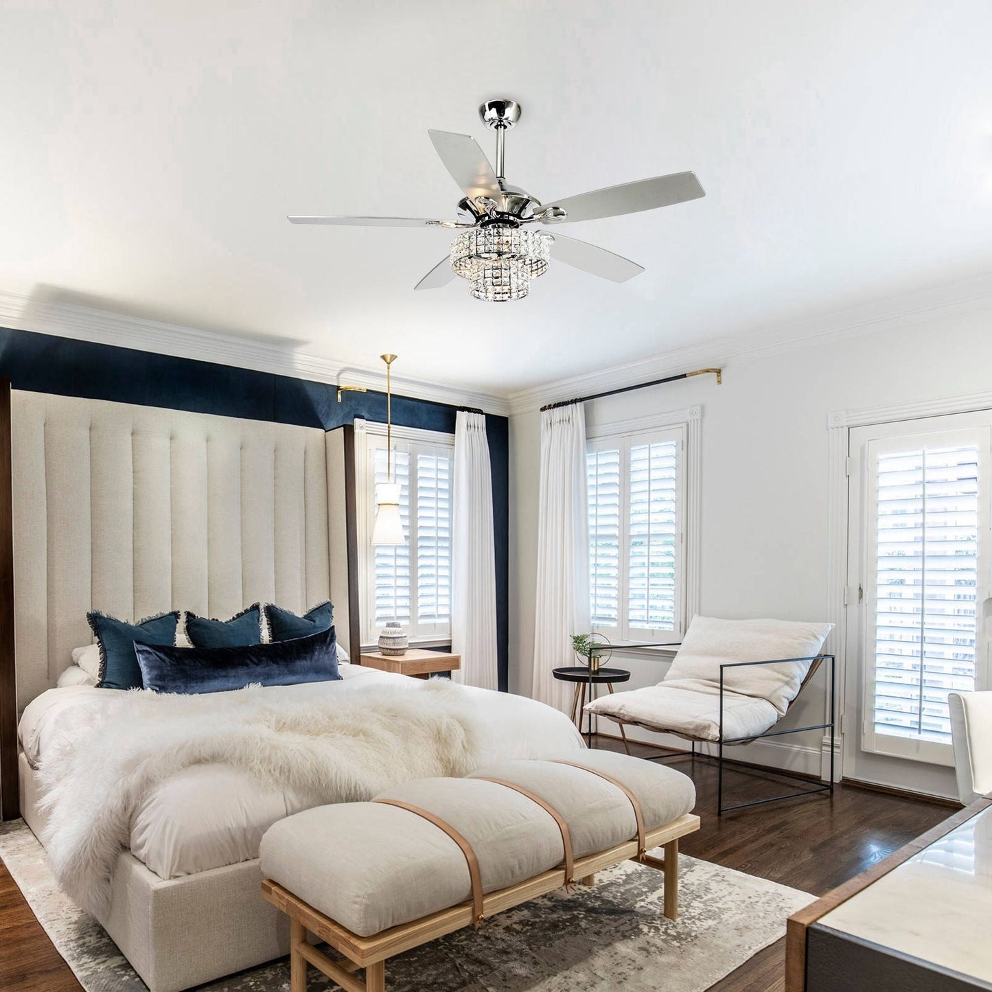 52-inch Chrome Wooden 5-blade Modern Crystal Ceiling Fan with Remote