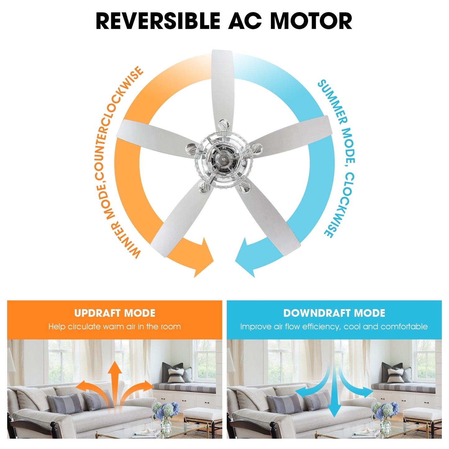 52-inch Chrome Wooden 5-blade Modern Crystal Ceiling Fan with Remote