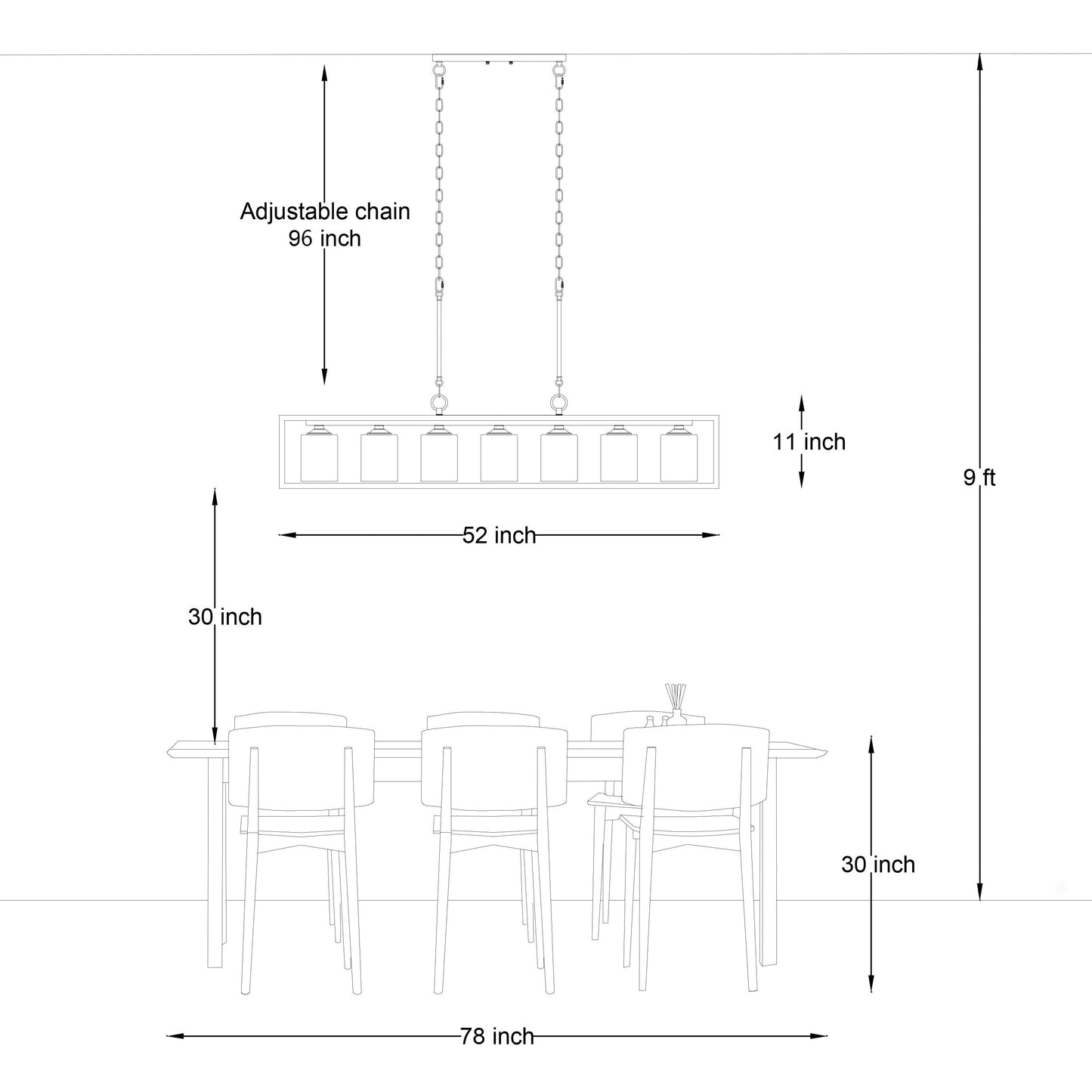 Allegray 52in Farmhouse 7-light Linear Chandelier Rectangle Kitchen Island Pendant