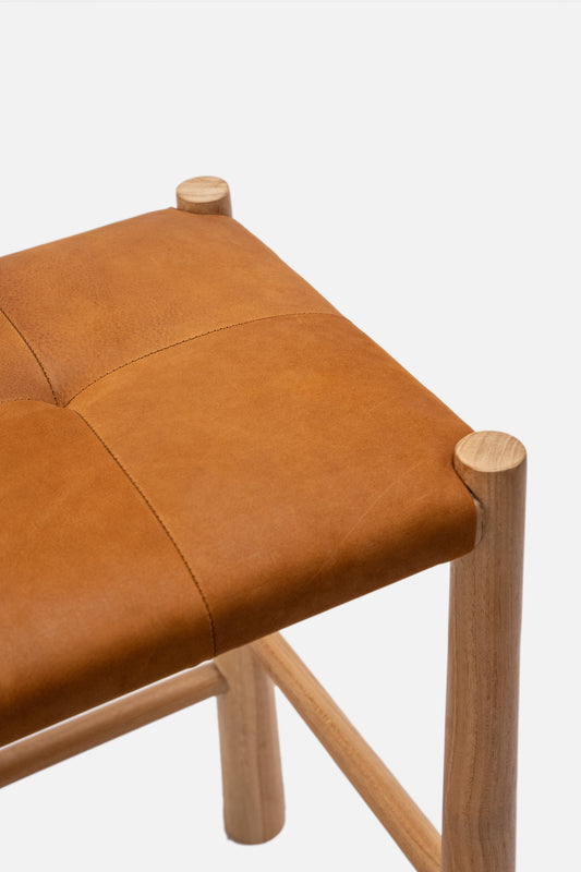 Avni Upholstered Leather Backless Teak Counter Stool
