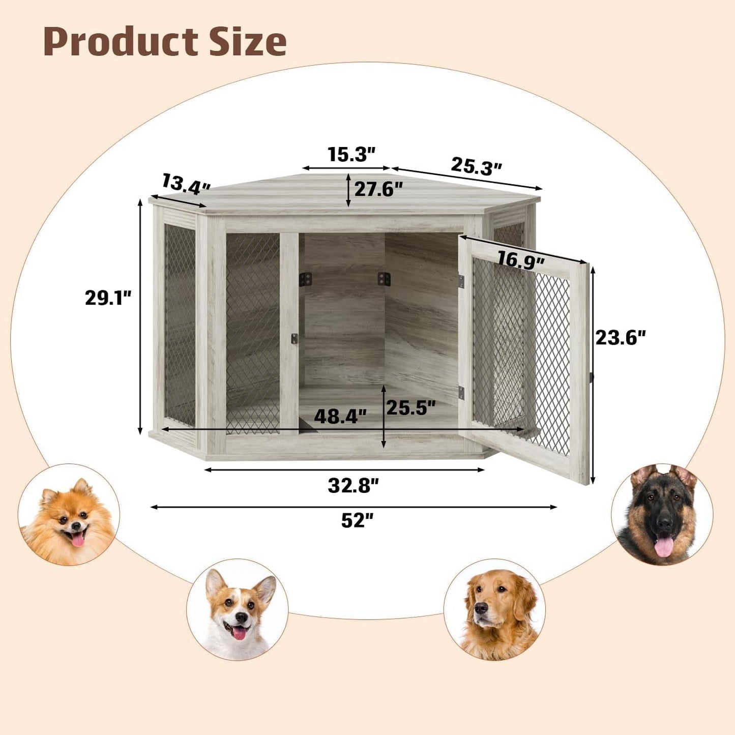 BOSSIN Corner Dog Crate Furniture,44/52 inch Wooden Dog Kennel Furniture with Mesh,Decorative Wood Dog House for Indoor use