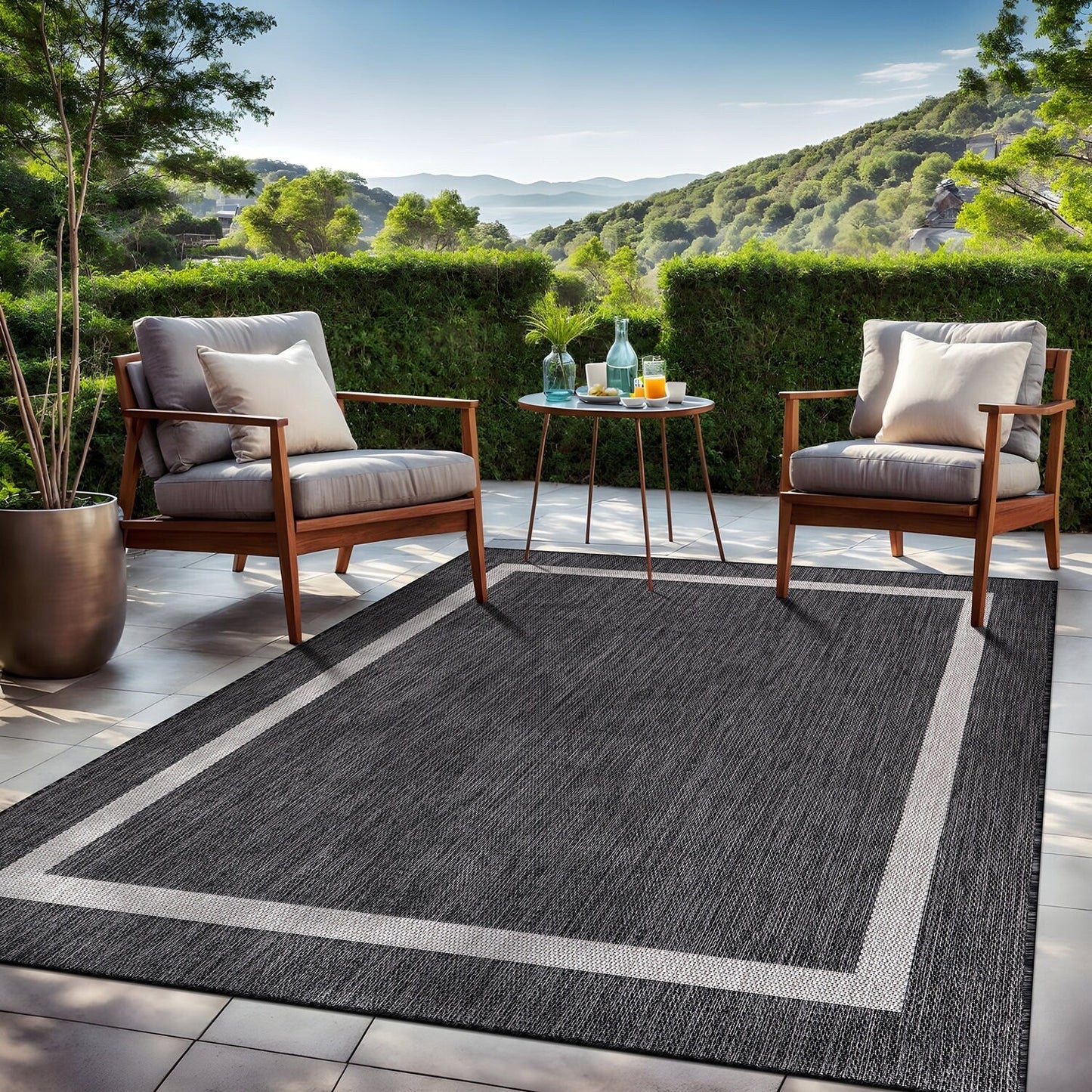Beverly Rug Modern Bordered Indoor Outdoor Rug, Outside Carpet for Patio, Deck, Porch