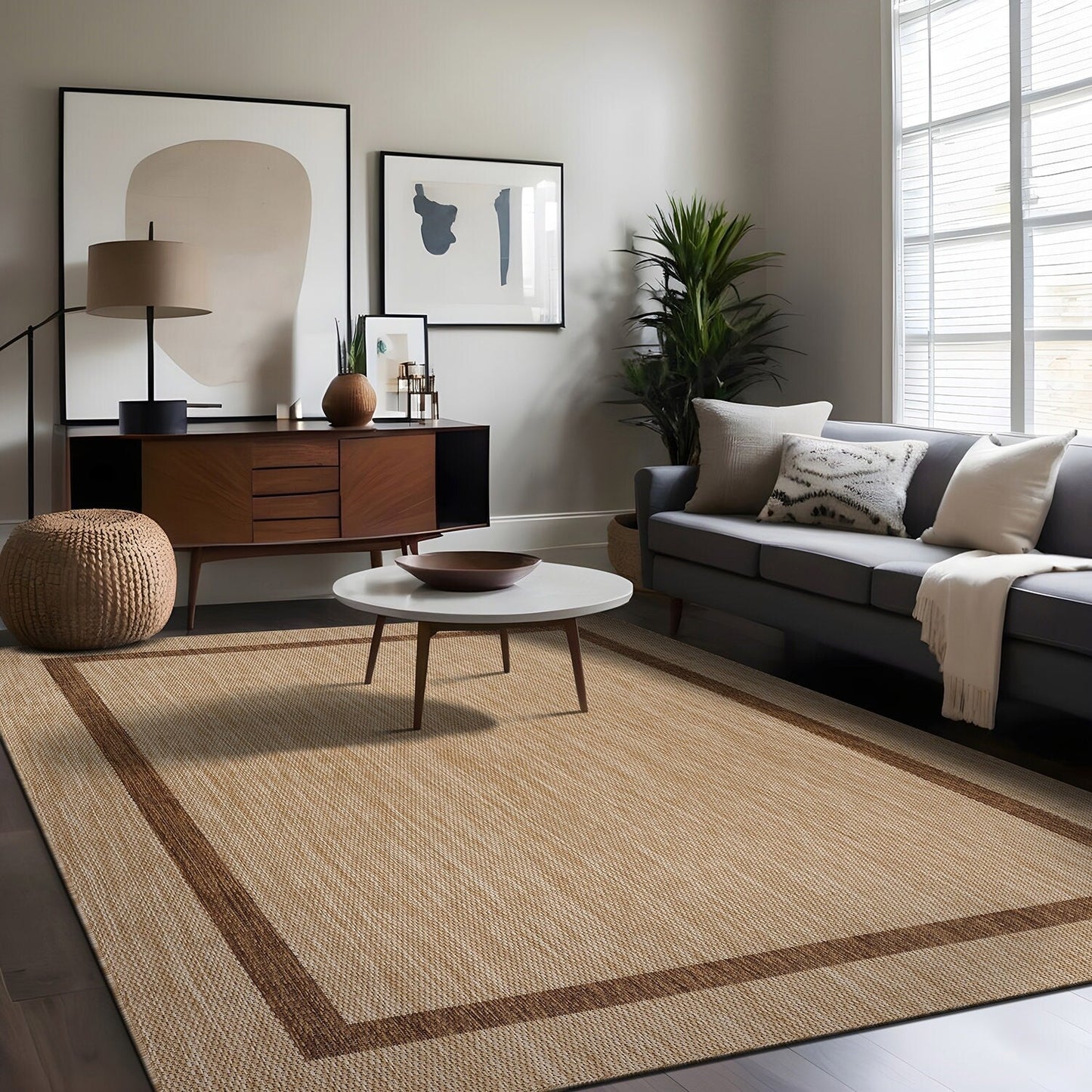 Beverly Rug Modern Bordered Indoor Outdoor Rug, Outside Carpet for Patio, Deck, Porch