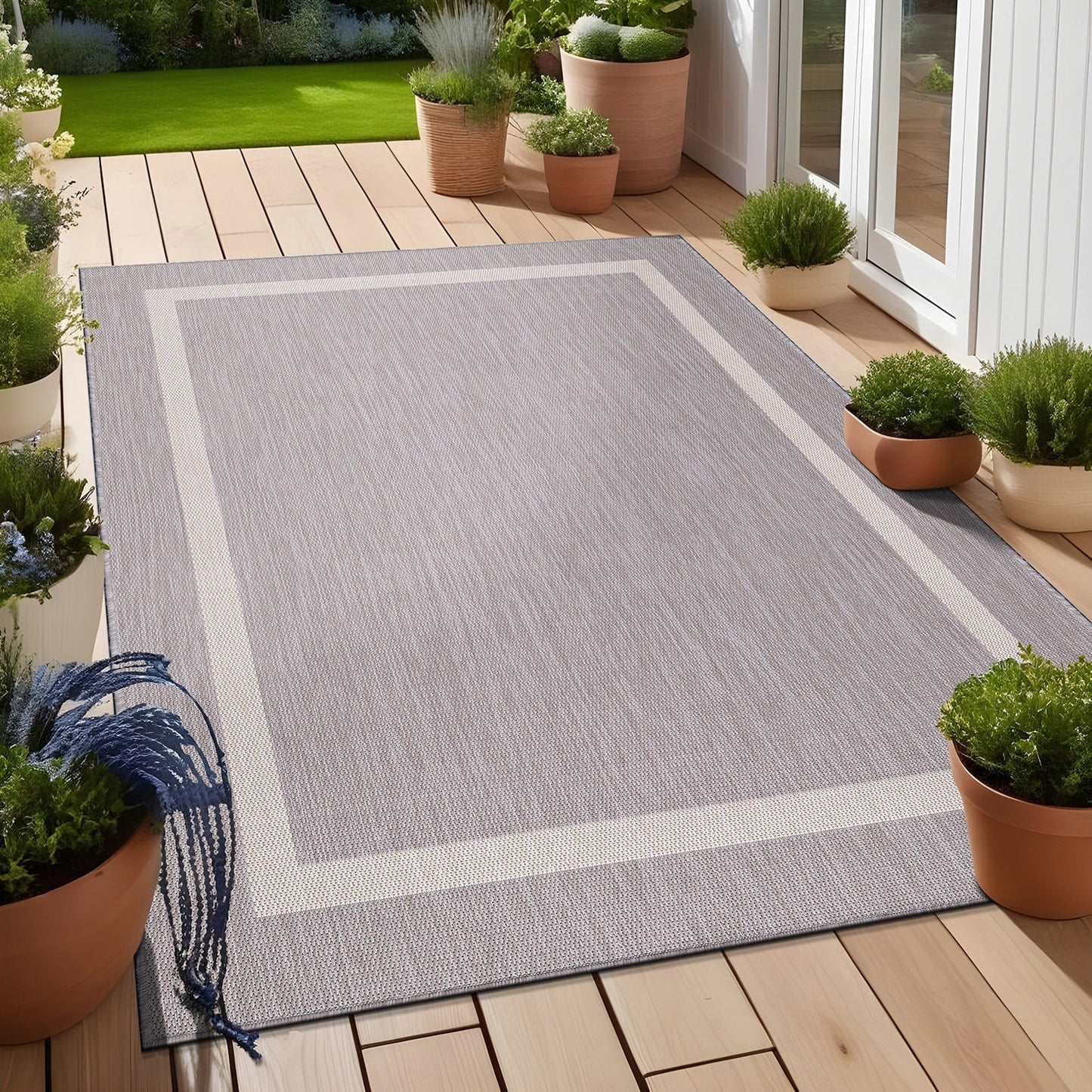 Beverly Rug Modern Bordered Indoor Outdoor Rug, Outside Carpet for Patio, Deck, Porch