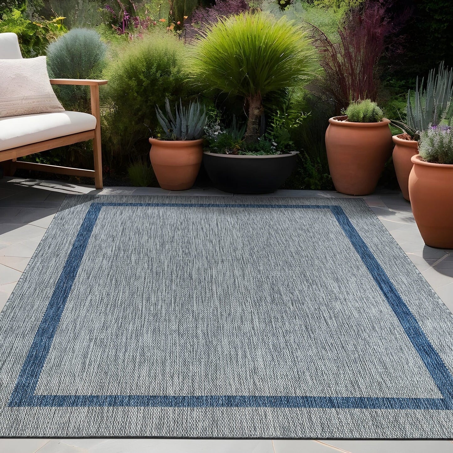 Beverly Rug Modern Bordered Indoor Outdoor Rug, Outside Carpet for Patio, Deck, Porch