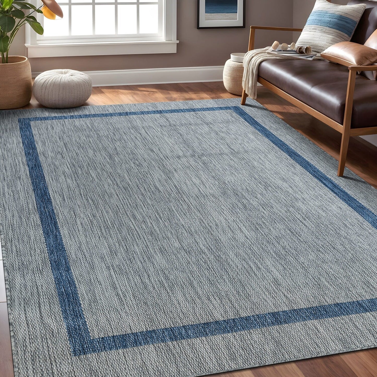 Beverly Rug Modern Bordered Indoor Outdoor Rug, Outside Carpet for Patio, Deck, Porch