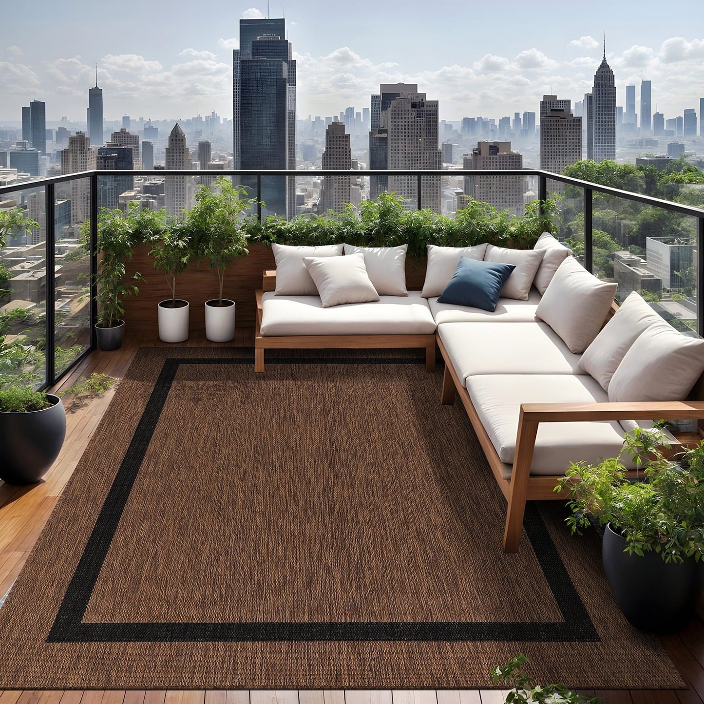 Beverly Rug Modern Bordered Indoor Outdoor Rug, Outside Carpet for Patio, Deck, Porch