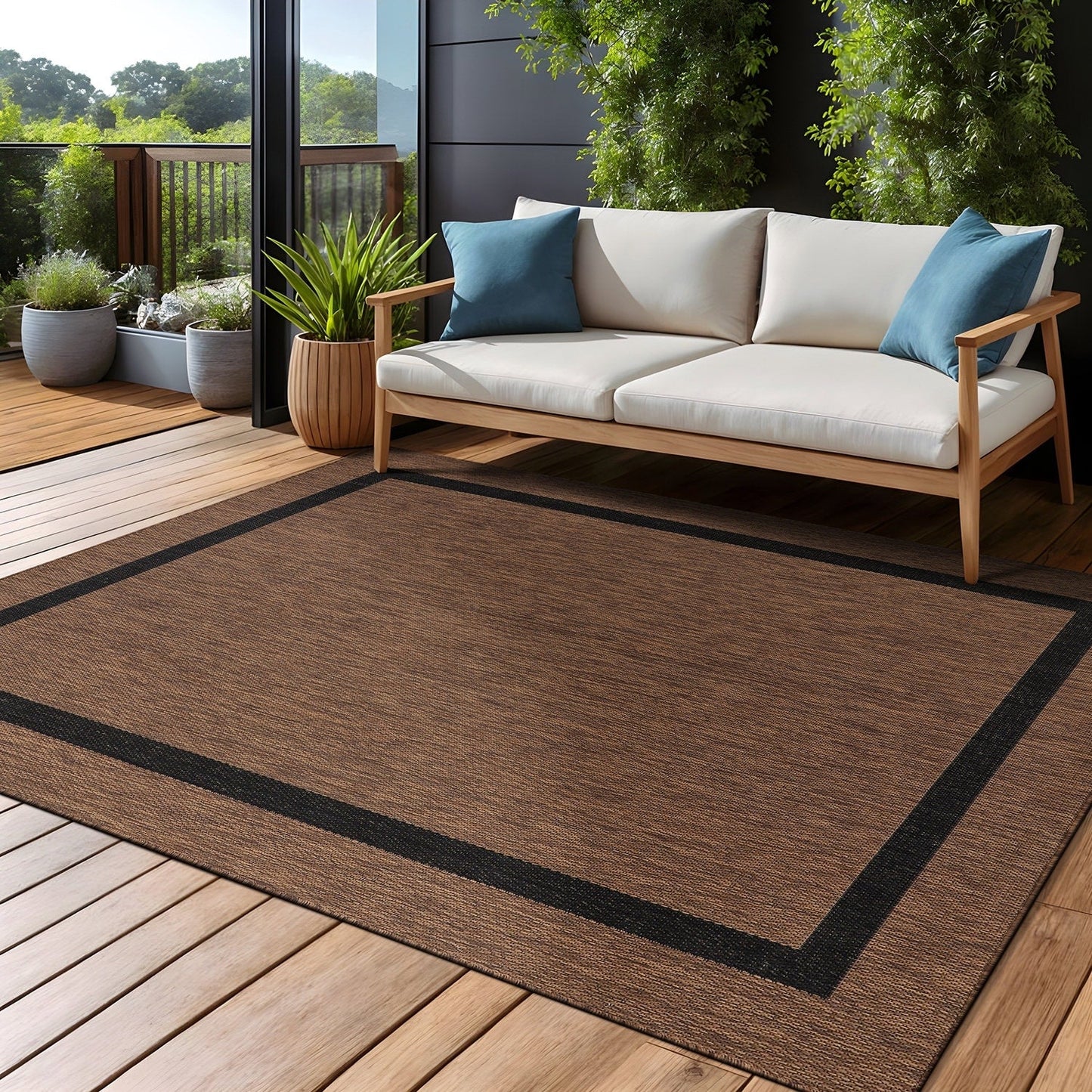 Beverly Rug Modern Bordered Indoor Outdoor Rug, Outside Carpet for Patio, Deck, Porch
