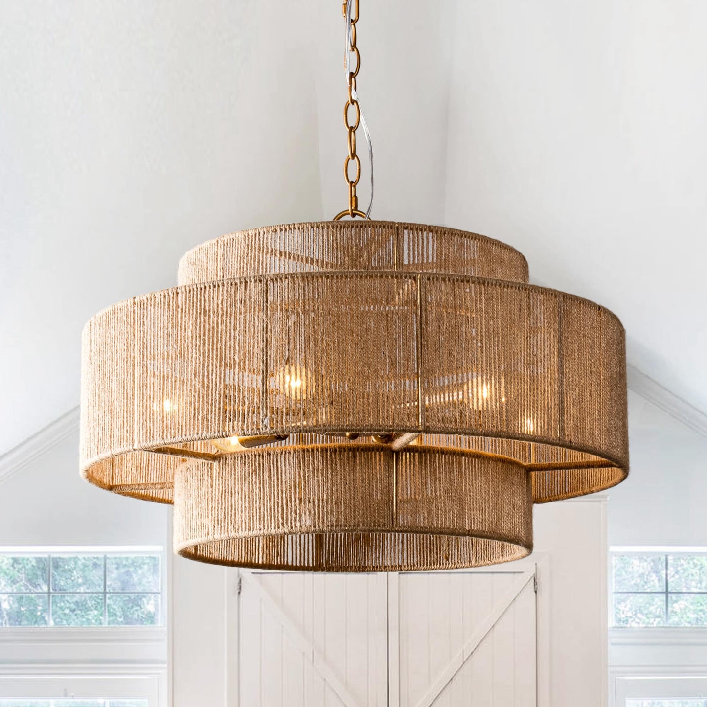 Bohemian Brown Hemp Rope Tiered Drum Chandelier Light - 23.62 W x 15.16H