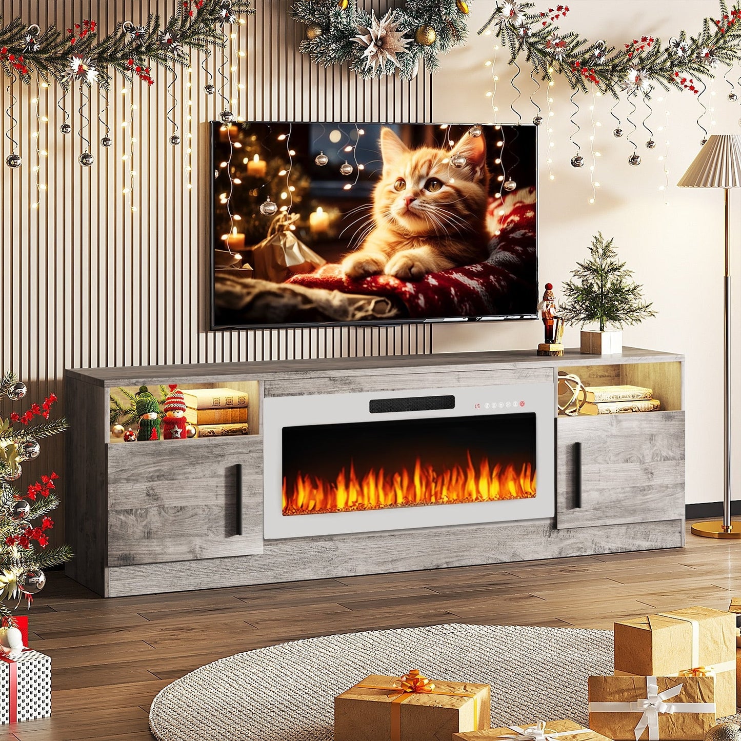 Bossin 70 Fireplace TV Stand with 36 Electric Fireplace, TV Stand for TVs Up to 80, 16 Colors LED Lights/Entertainment Center