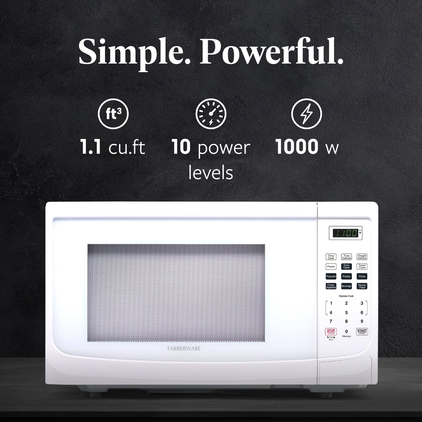 Farberware 1000-Watt 1.1 Cu. Ft. Countertop Microwave Oven With LED Lighting and Child Lock