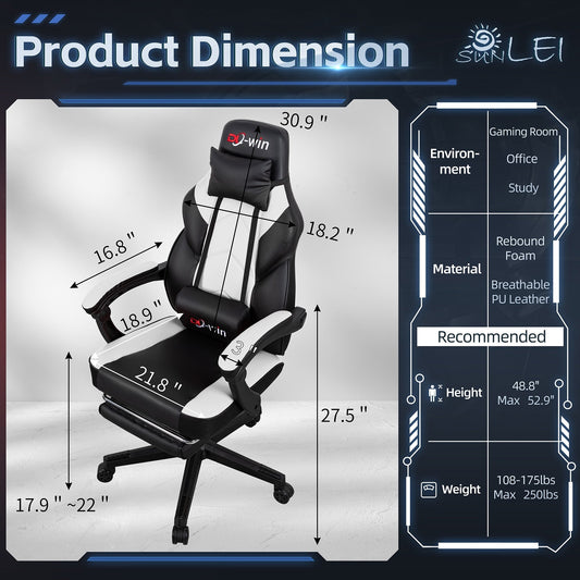 Futzca Gaming Chair PU Leather Office Chair with Headrest, Footrest & Massage Lumbar Support
