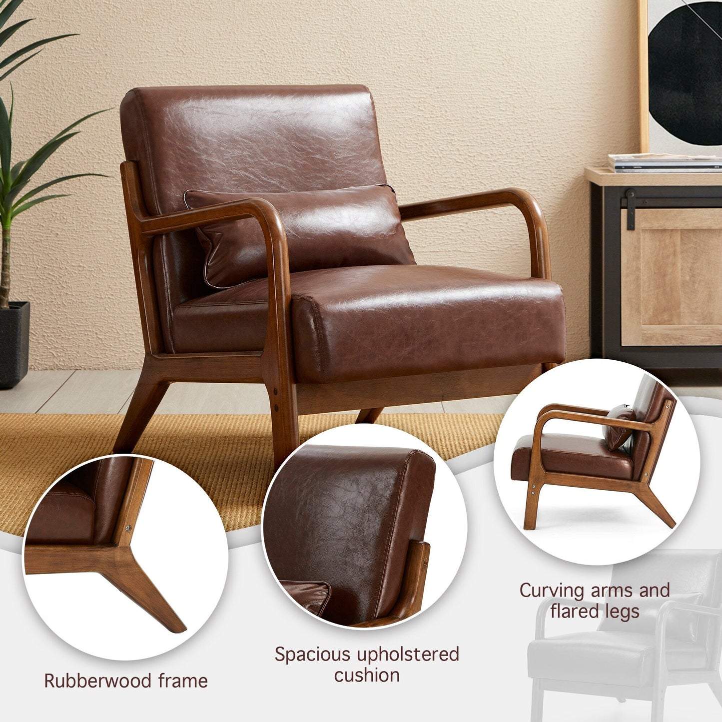Glitzhome 30.75H Mid-Century Modern PU Leather Armchair Accent Chair with Pillow - 25.75W x 33.75D x 30.75H