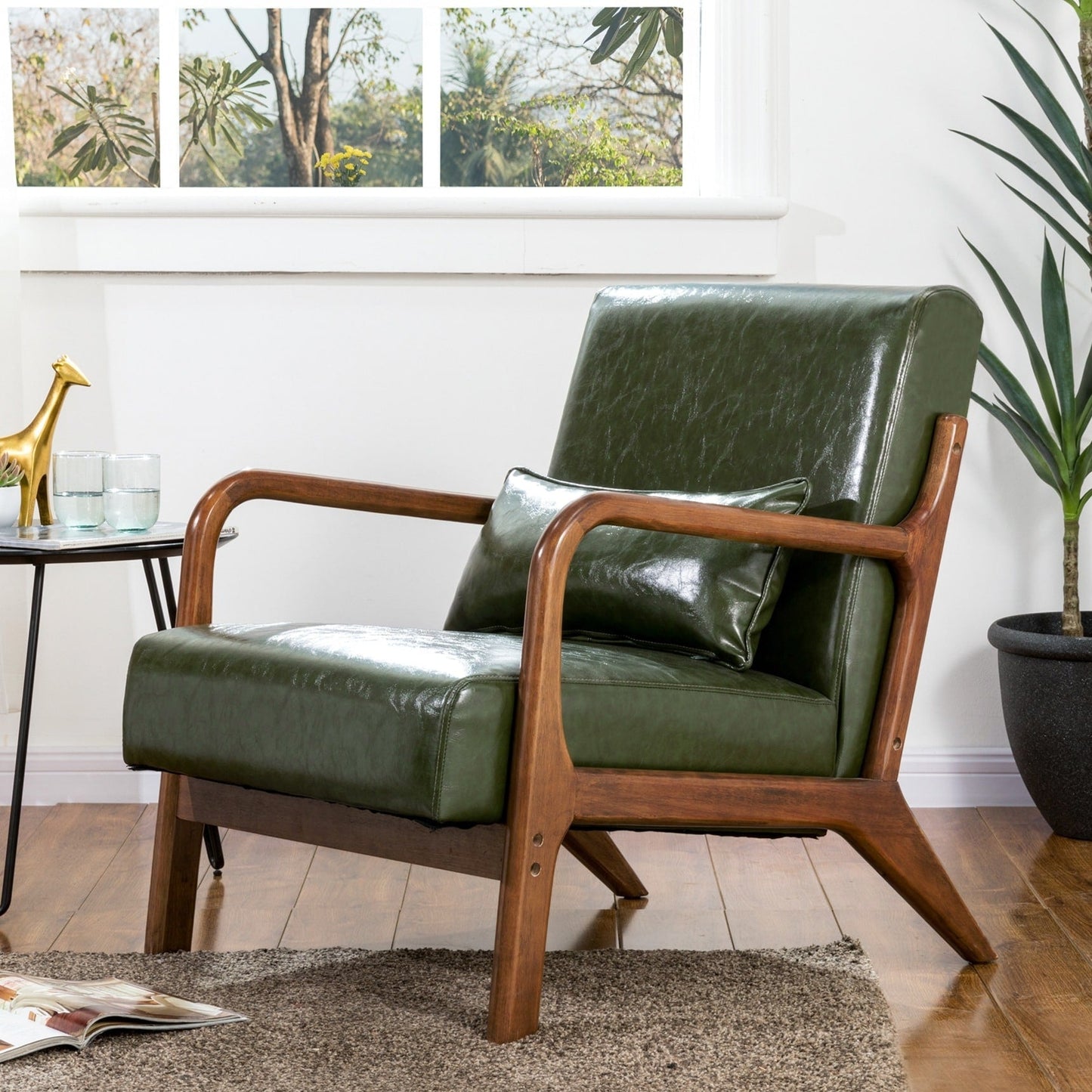 Glitzhome 30.75H Mid-Century Modern PU Leather Armchair Accent Chair with Pillow - 25.75W x 33.75D x 30.75H