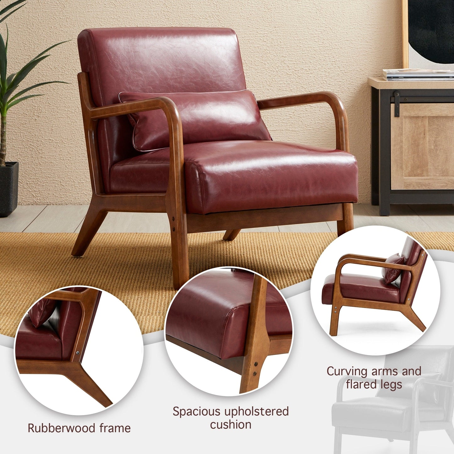 Glitzhome 30.75H Mid-Century Modern PU Leather Armchair Accent Chair with Pillow - 25.75W x 33.75D x 30.75H