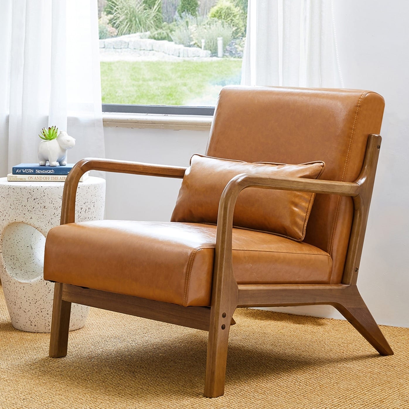 Glitzhome 30.75H Mid-Century Modern PU Leather Armchair Accent Chair with Pillow - 25.75W x 33.75D x 30.75H