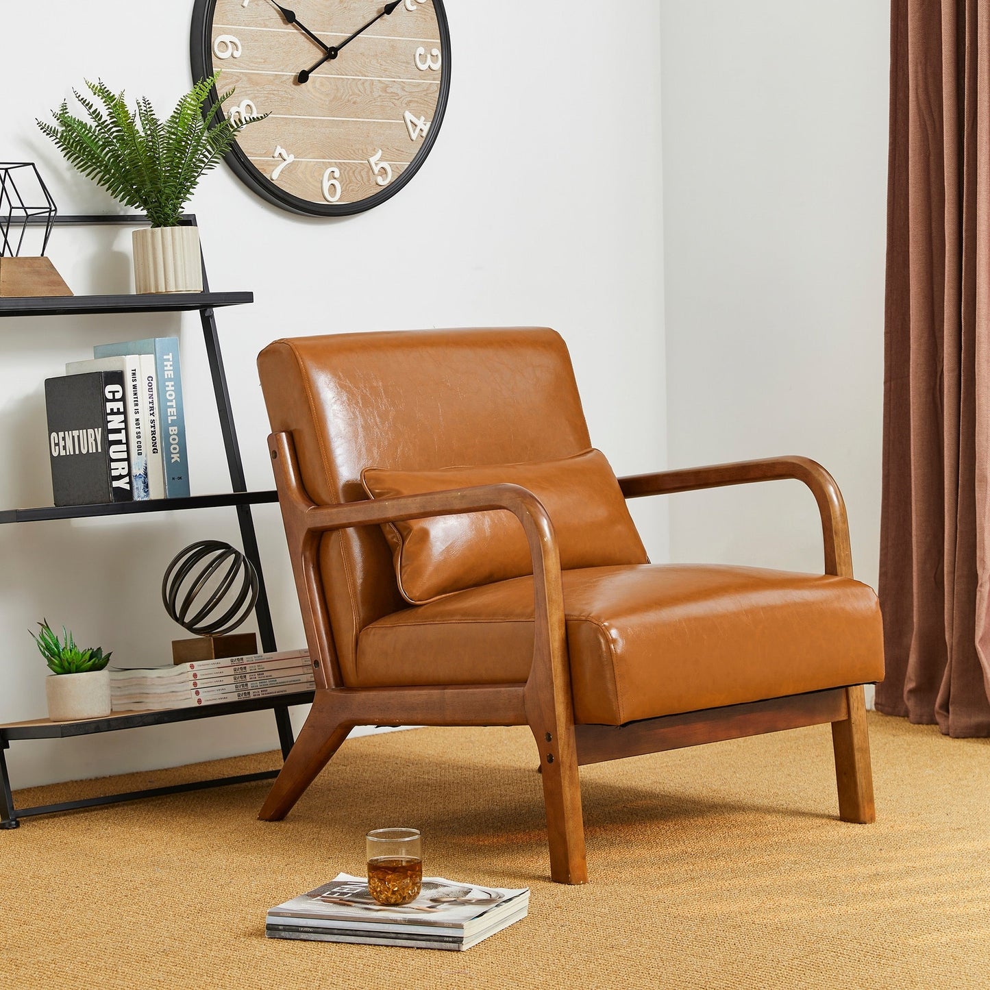 Glitzhome 30.75H Mid-Century Modern PU Leather Armchair Accent Chair with Pillow - 25.75W x 33.75D x 30.75H