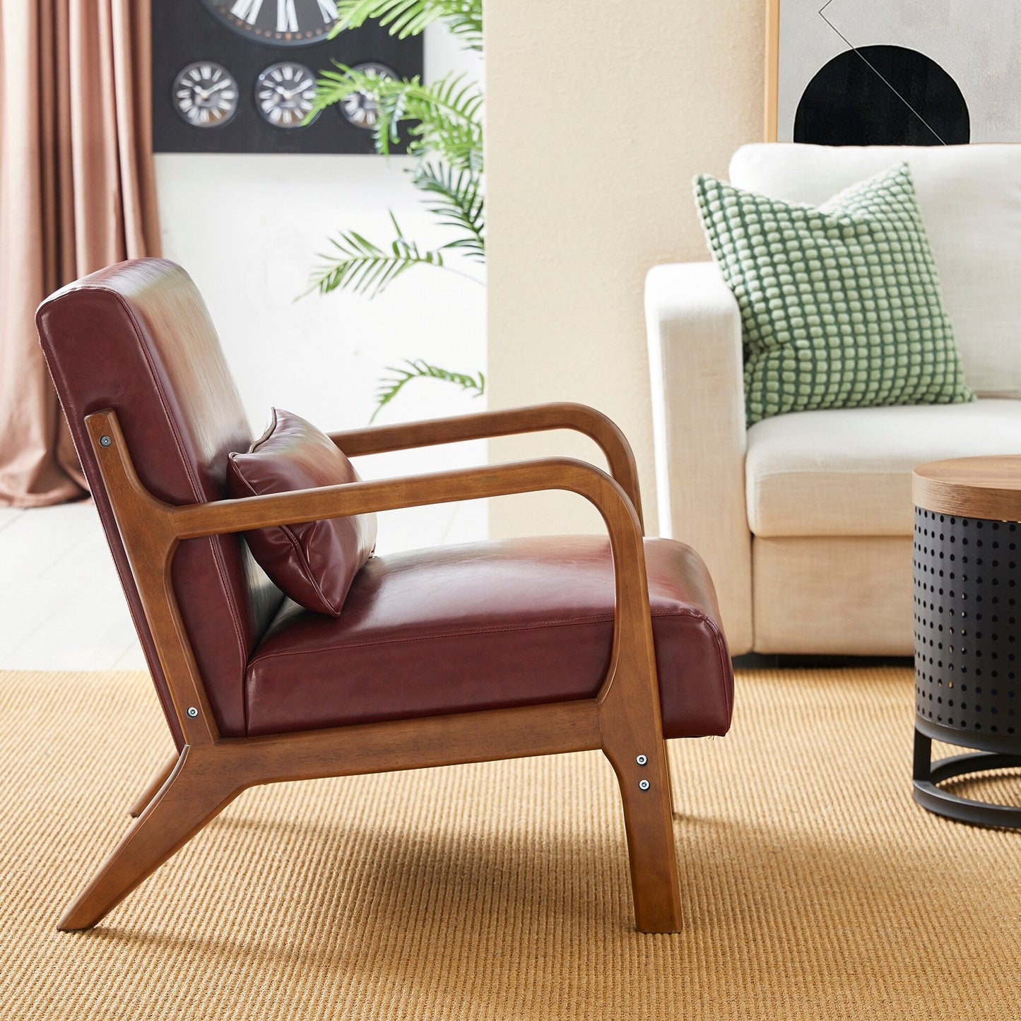 Glitzhome 30.75H Mid-Century Modern PU Leather Armchair Accent Chair with Pillow - 25.75W x 33.75D x 30.75H