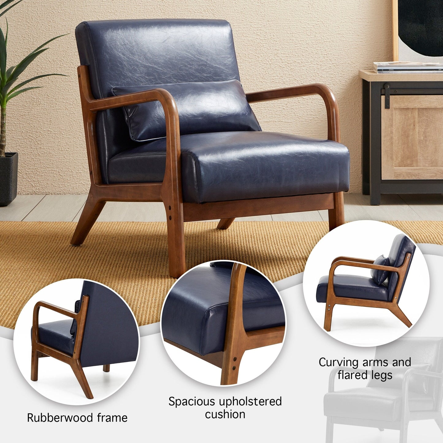 Glitzhome 30.75H Mid-Century Modern PU Leather Armchair Accent Chair with Pillow - 25.75W x 33.75D x 30.75H