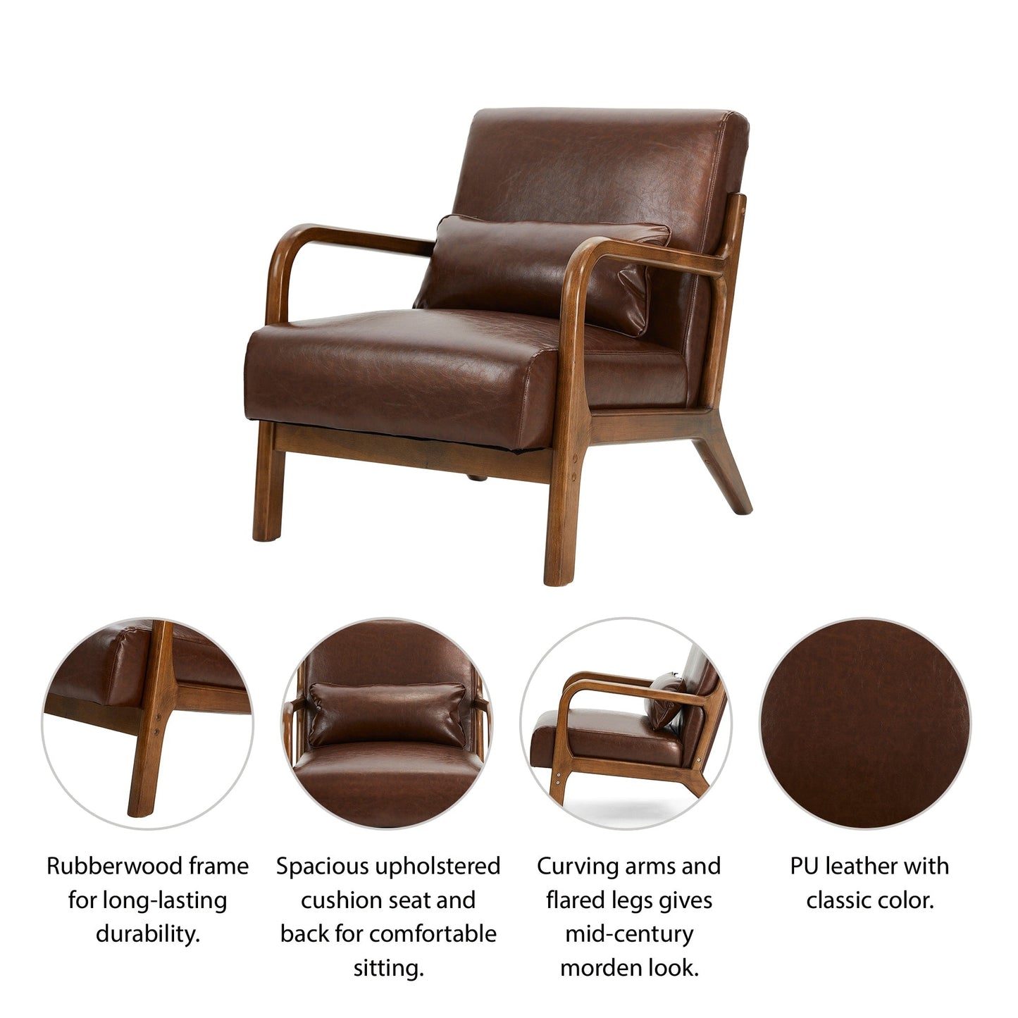 Glitzhome 30.75H Mid-Century Modern PU Leather Armchair Accent Chair with Pillow - 25.75W x 33.75D x 30.75H