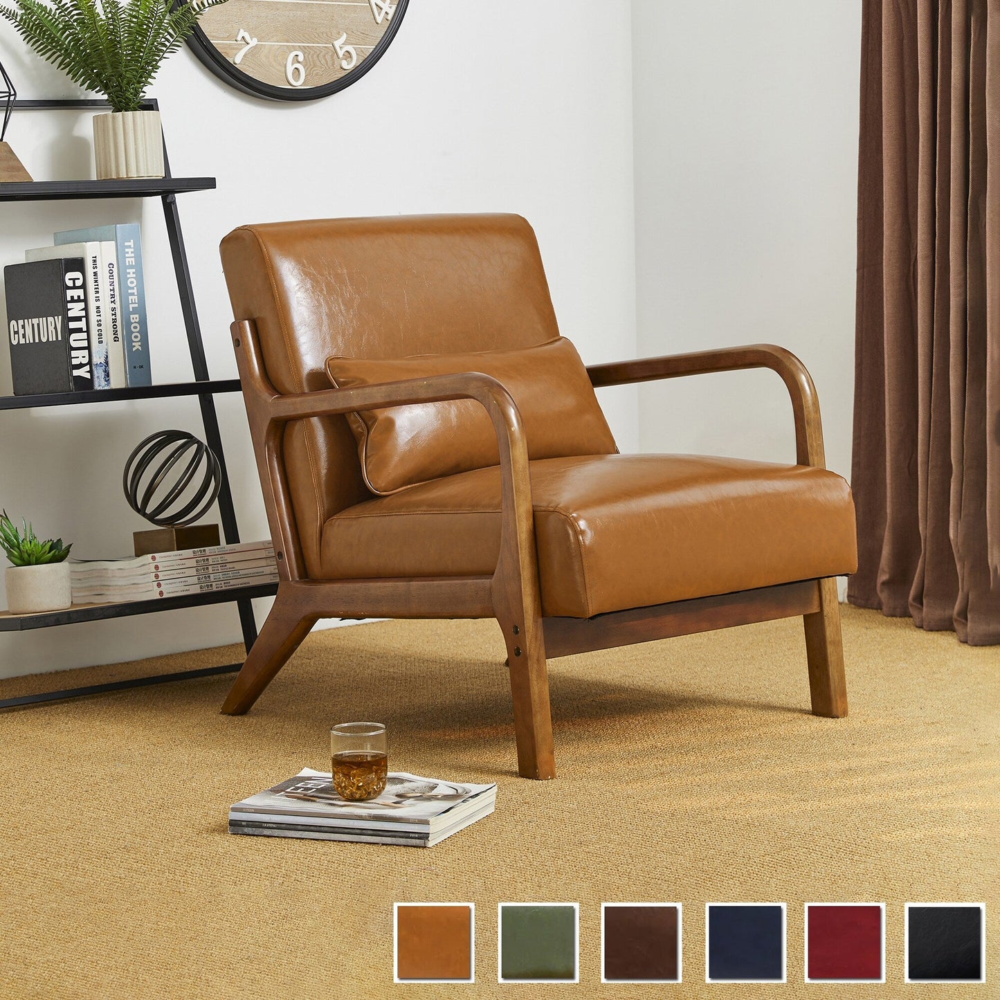 Glitzhome 30.75H Mid-Century Modern PU Leather Armchair Accent Chair with Pillow - 25.75W x 33.75D x 30.75H