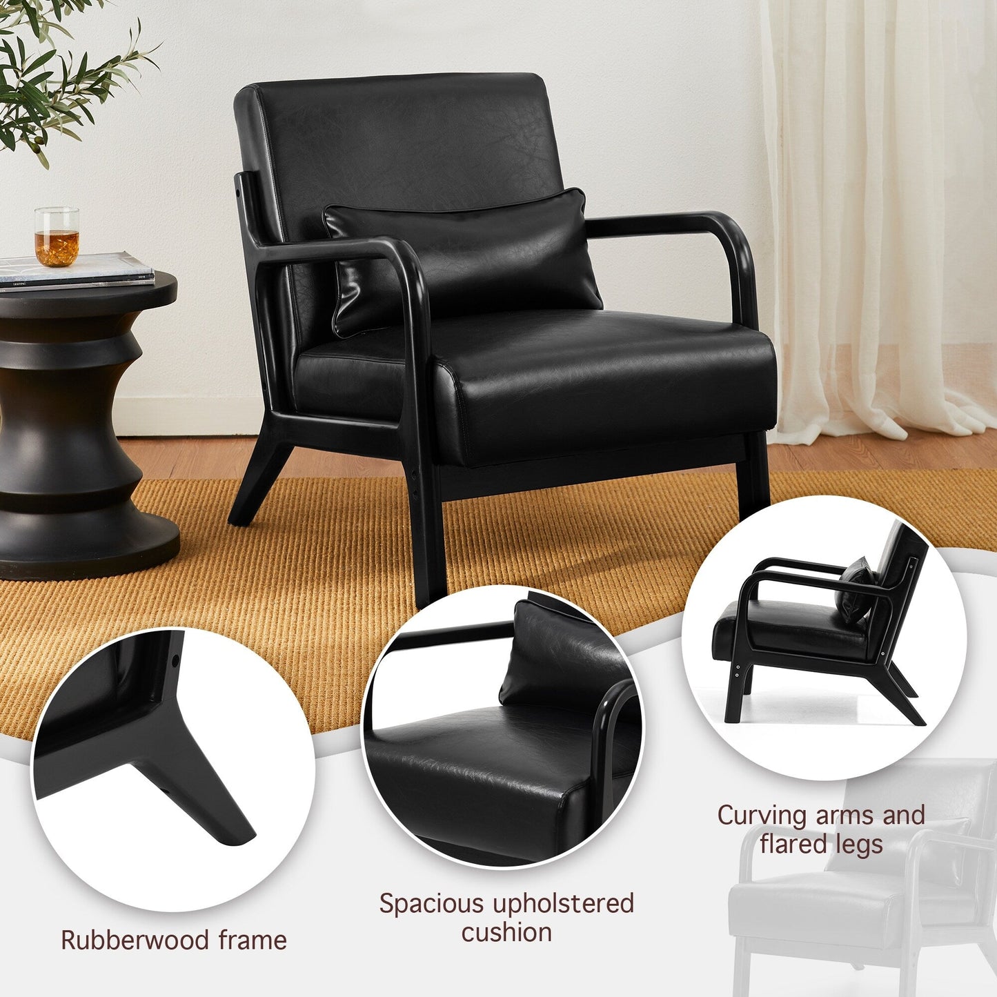 Glitzhome 30.75H Mid-Century Modern PU Leather Armchair Accent Chair with Pillow - 25.75W x 33.75D x 30.75H