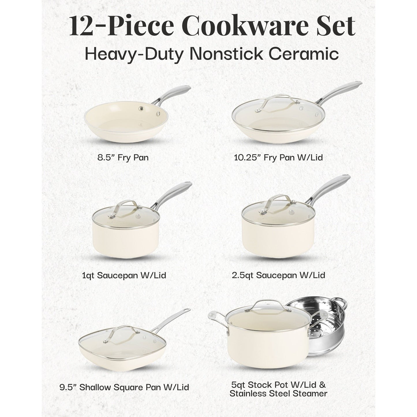 Gotham Steel Cream 12 Piece Pots and Pans Ultra Nonstick Ceramic Cookware Set with Stay Cool Handles