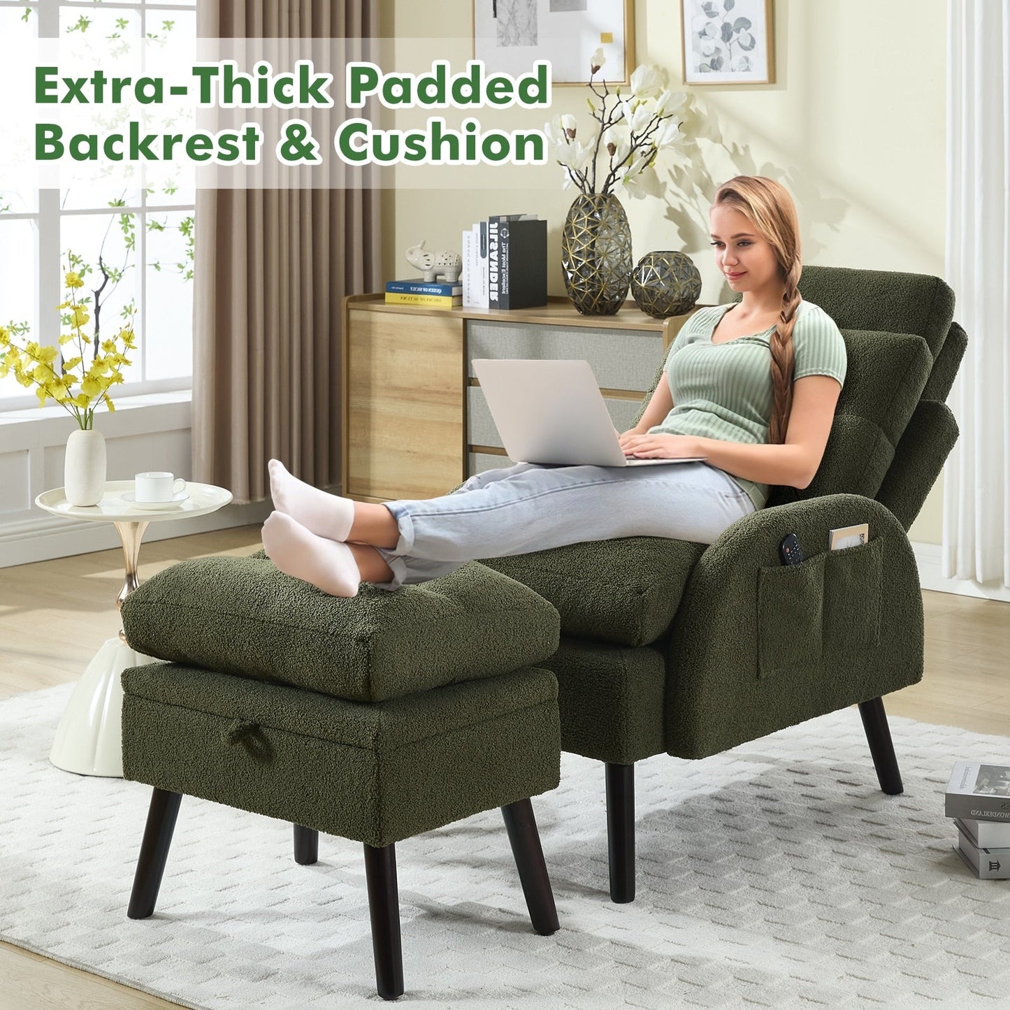 HOMYKA Accent Lounge Chair with Adjustable Backrest Storage Ottoman