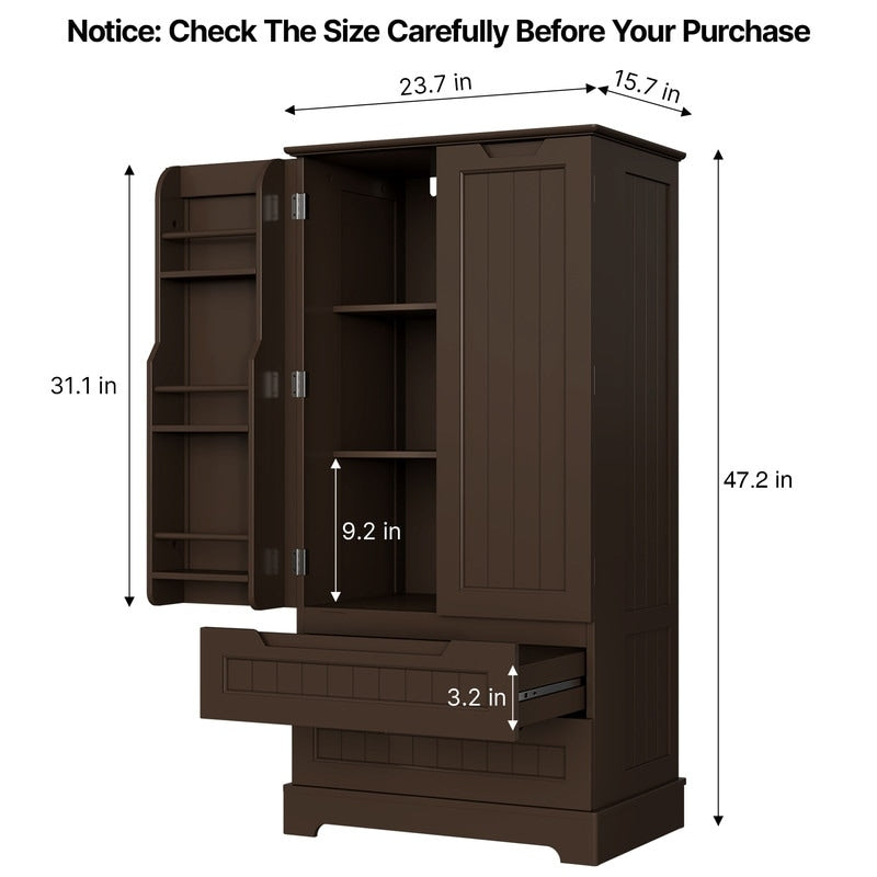 Kitchen Storage Pantry Cabinet, Freestanding Bathroom Storage Cabinet with 2 Doors and Drawers
