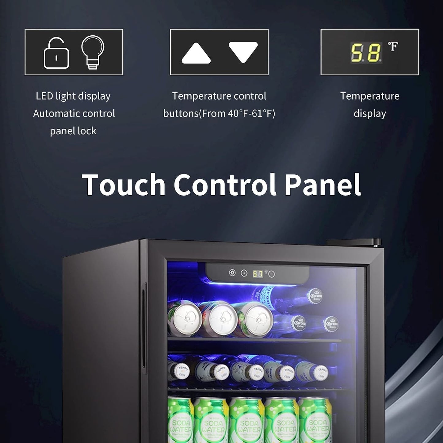 Mini Fridge-100 Can Beverage Refrigerator, Wine Cooler, Clear Front Glass Door, Small Drink Touch Screen - 2.6 Cu. Ft.