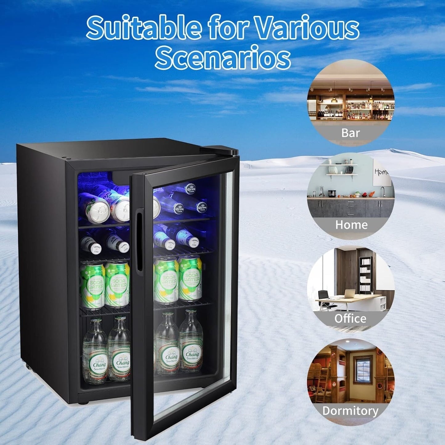Mini Fridge-100 Can Beverage Refrigerator, Wine Cooler, Clear Front Glass Door, Small Drink Touch Screen - 2.6 Cu. Ft.