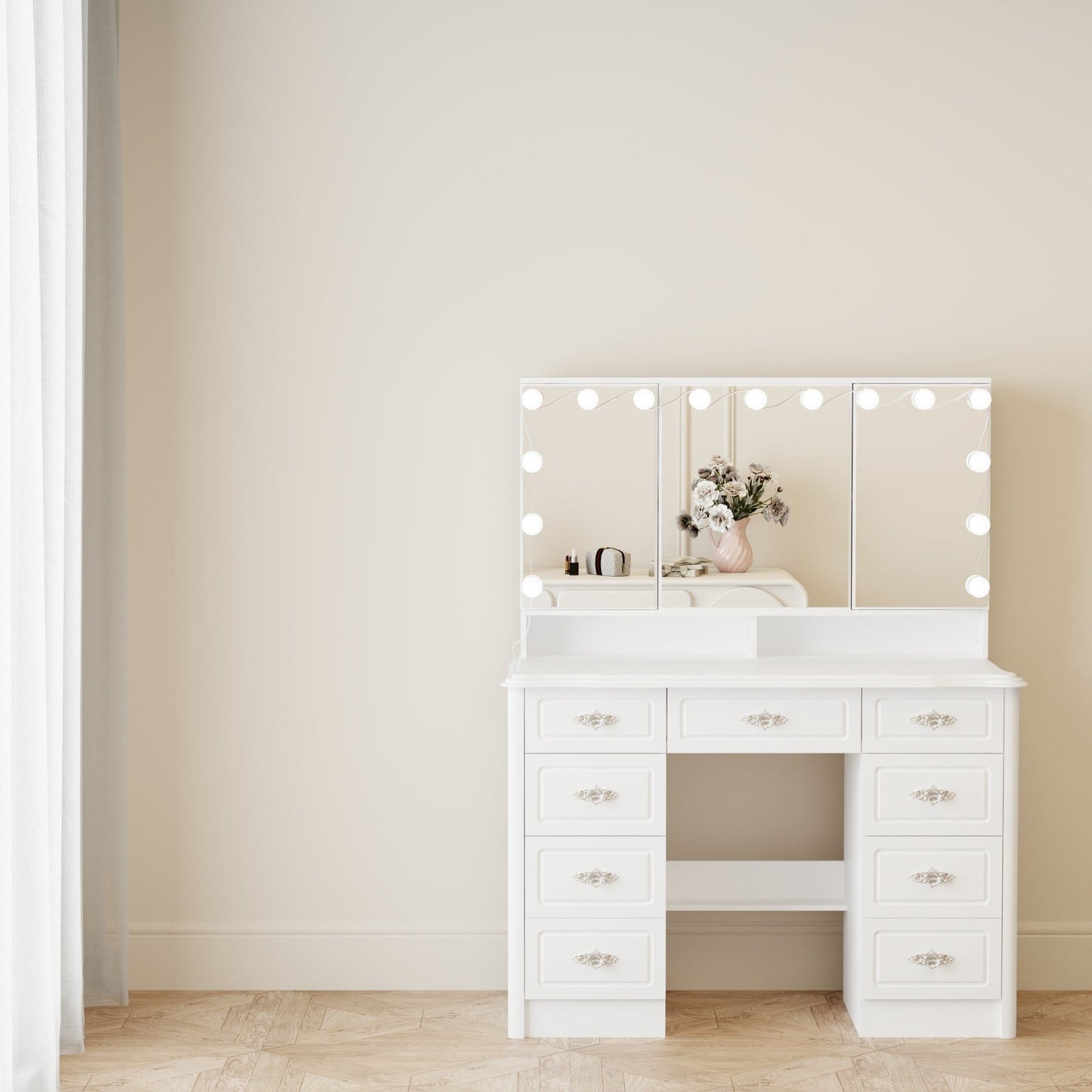 Modern White Makeup Vanity Fold Mirror Adjustable Lighting Dressing - 40.2x54.1