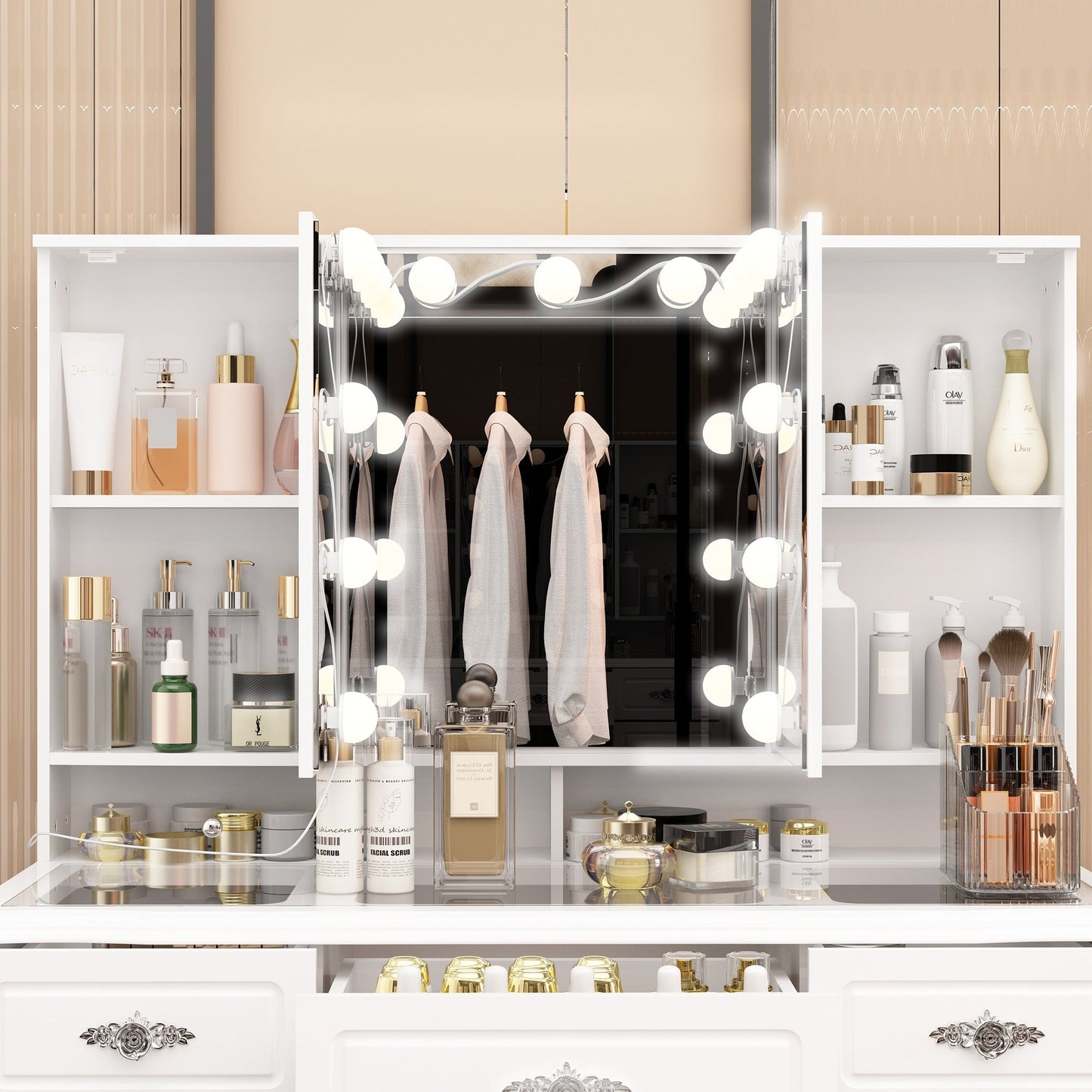 Modern White Makeup Vanity Fold Mirror Adjustable Lighting Dressing - 40.2x54.1