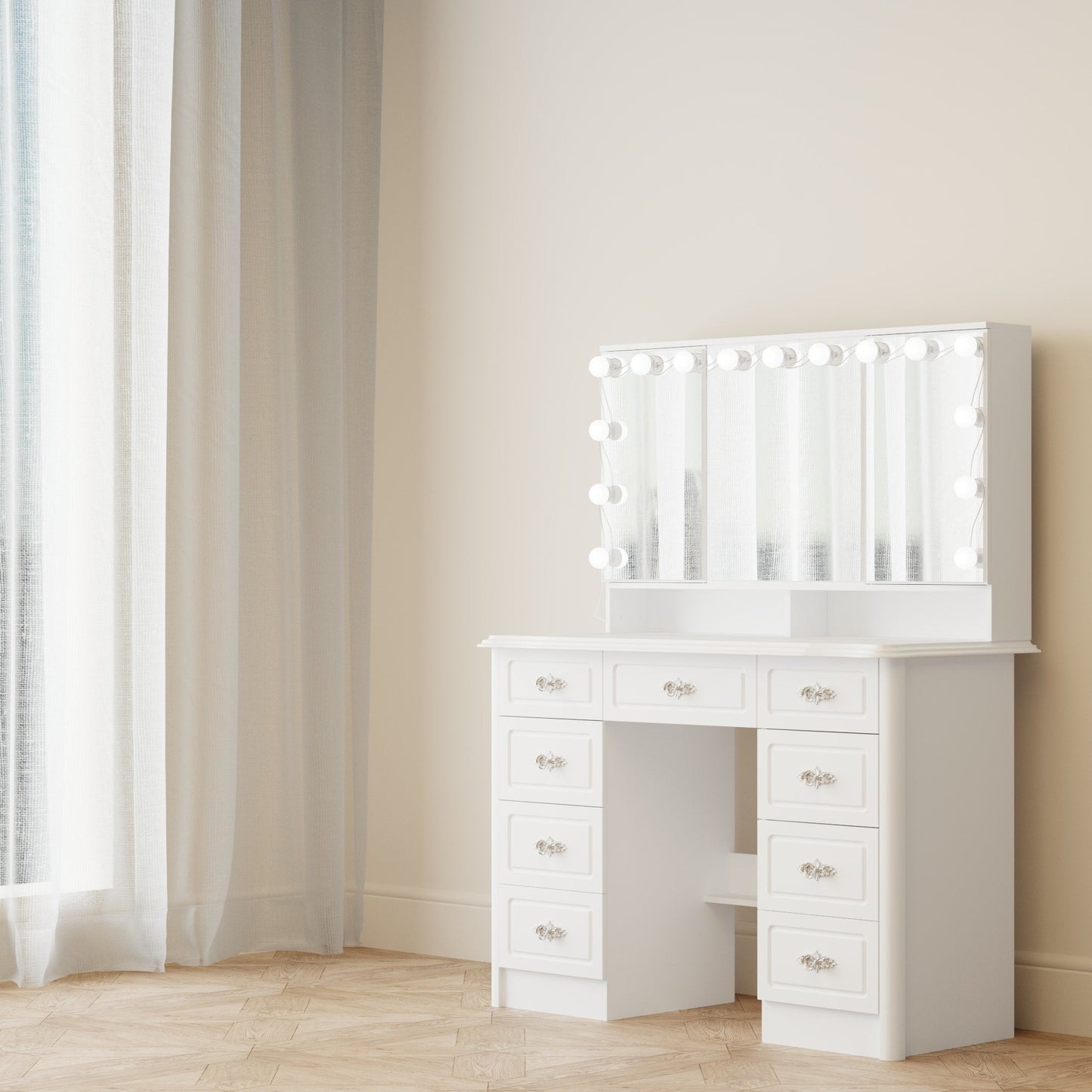 Modern White Makeup Vanity Fold Mirror Adjustable Lighting Dressing - 40.2x54.1