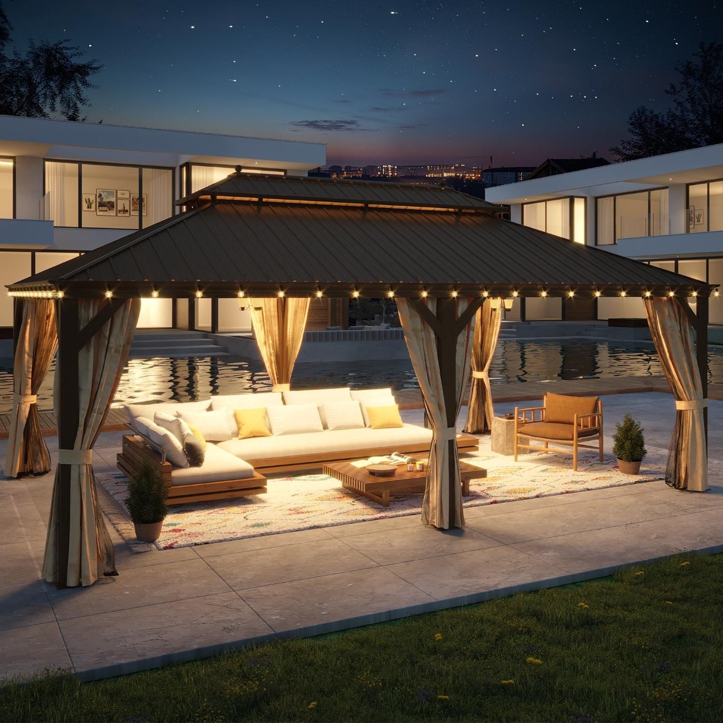 Outdoor Hardtop Gazebo with Galvanized Steel Double Roof & Aluminum Frame, Outdoor pergola with Premium Curtains and Nettings