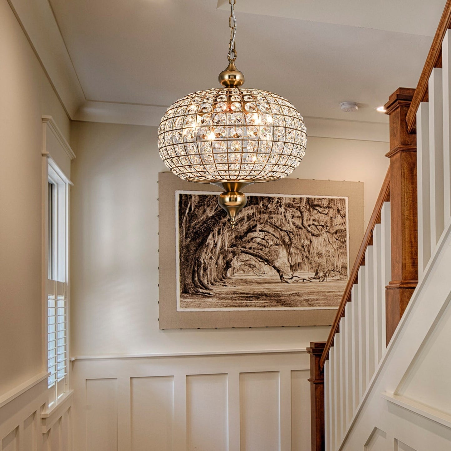 Retro French 4/5-Light Antique Brass Globe Crystal Chandelier Kitchen Island Pendant