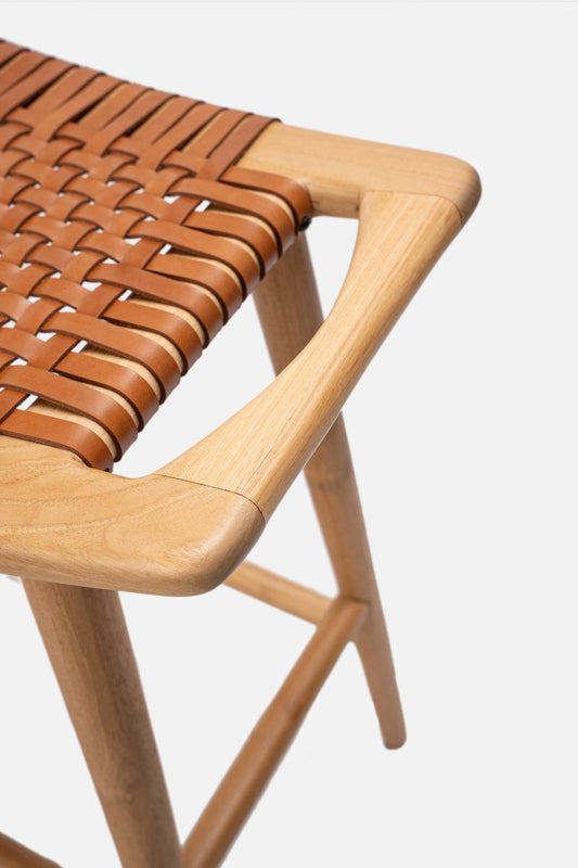 Sita Teak and Woven Leather Backless Counter Stool