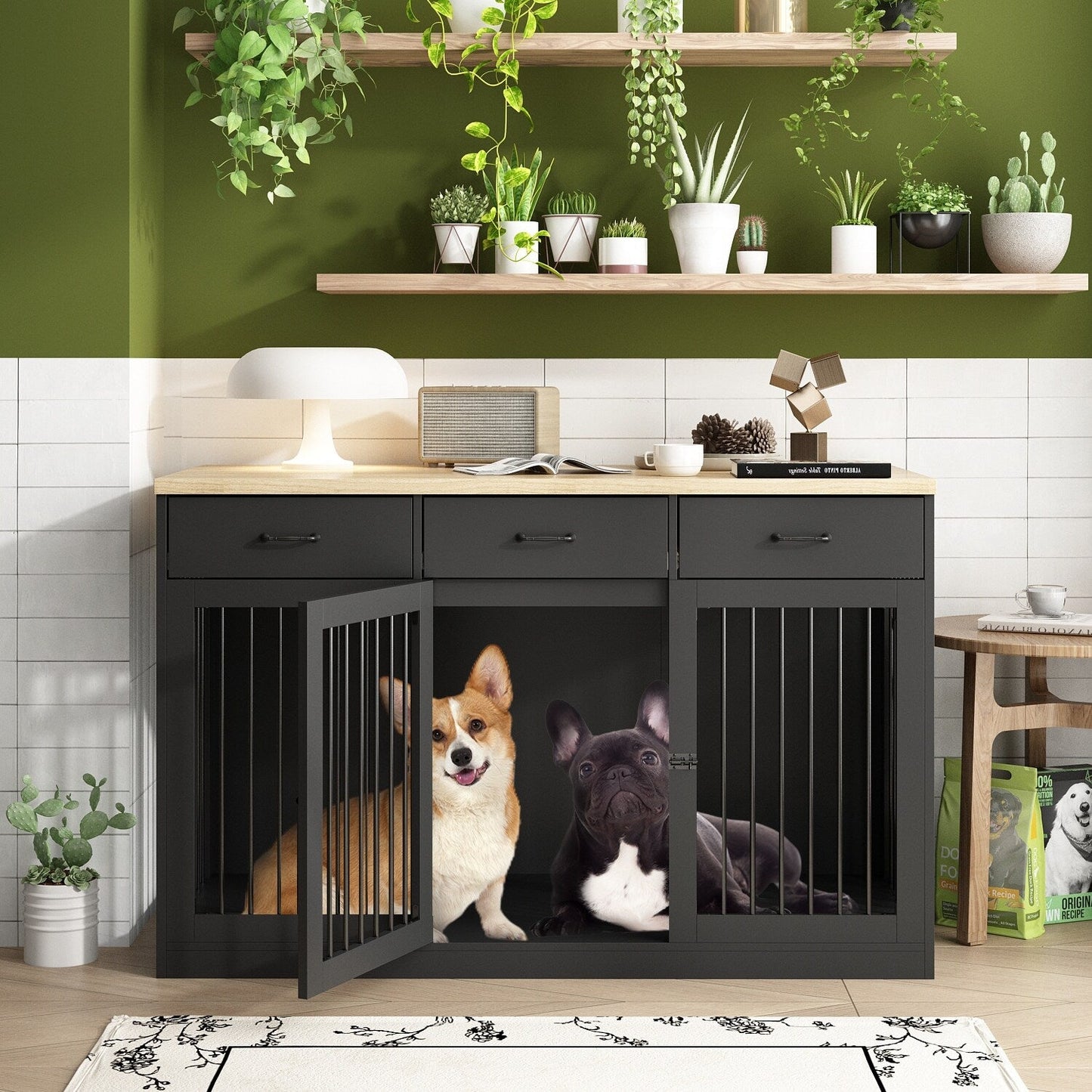 Stylish Wooden Dog Crate Furniture with Storage, 3 Drawers