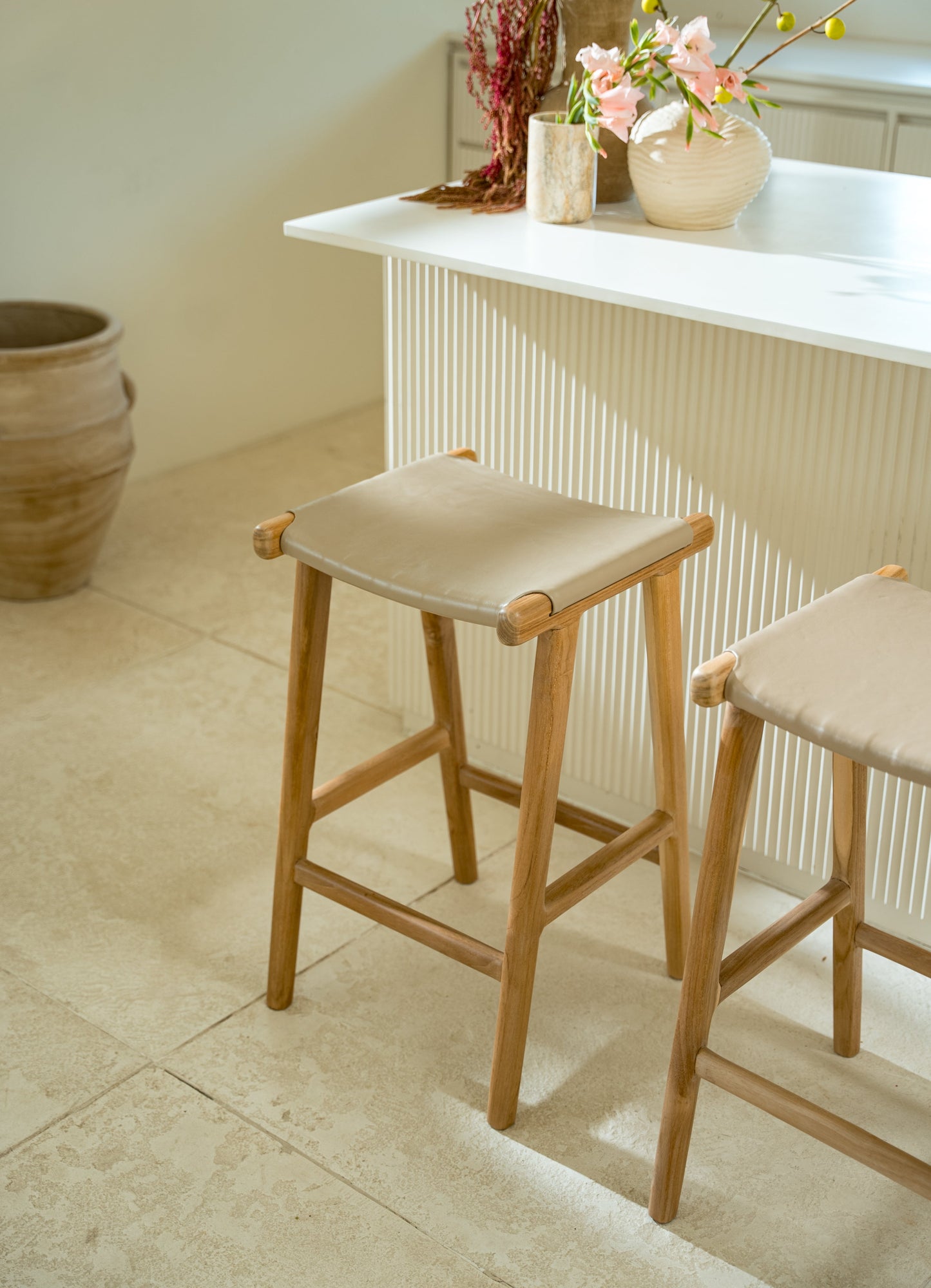 Malee Teak and Leather Backless Counter Stool