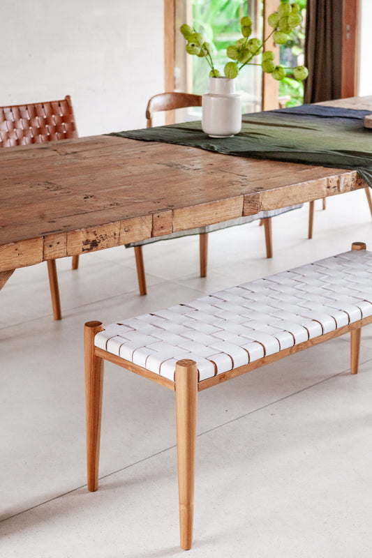 Kila Teak and Woven Leather Bench