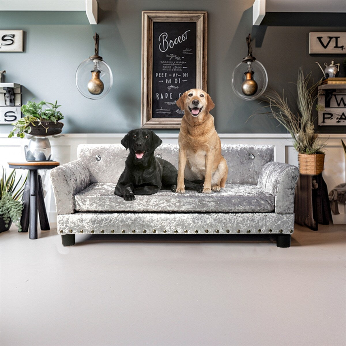 Velvet Tufted Couch Pet Bed Upholstered with Removable Cushion