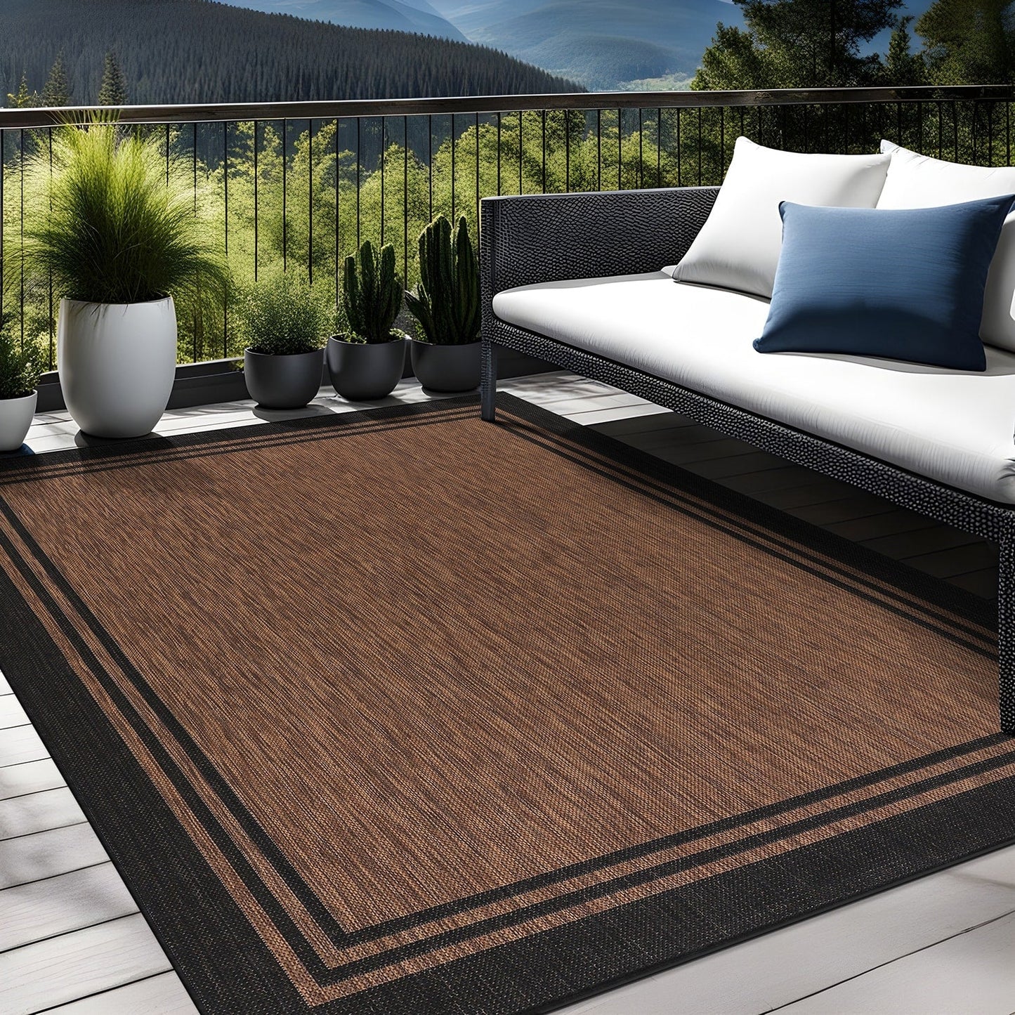 Washable Bordered Indoor Outdoor Rug for Patio, Deck, Porch
