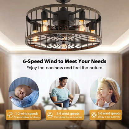 20 in. Low Profile Ceiling Fan Light Modern Farmhouse Wood Finish Caged Ceiling Fan with Light and Remote