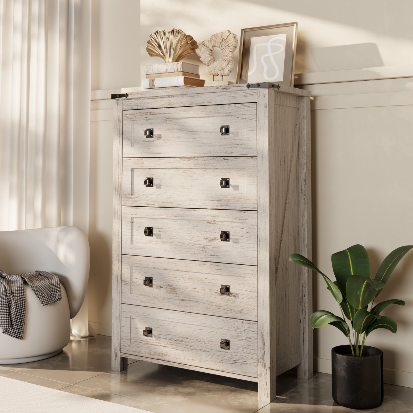 48 Tall Farmhouse 5 Drawer Wood Dresser, Chest of Drawers for Bedroom