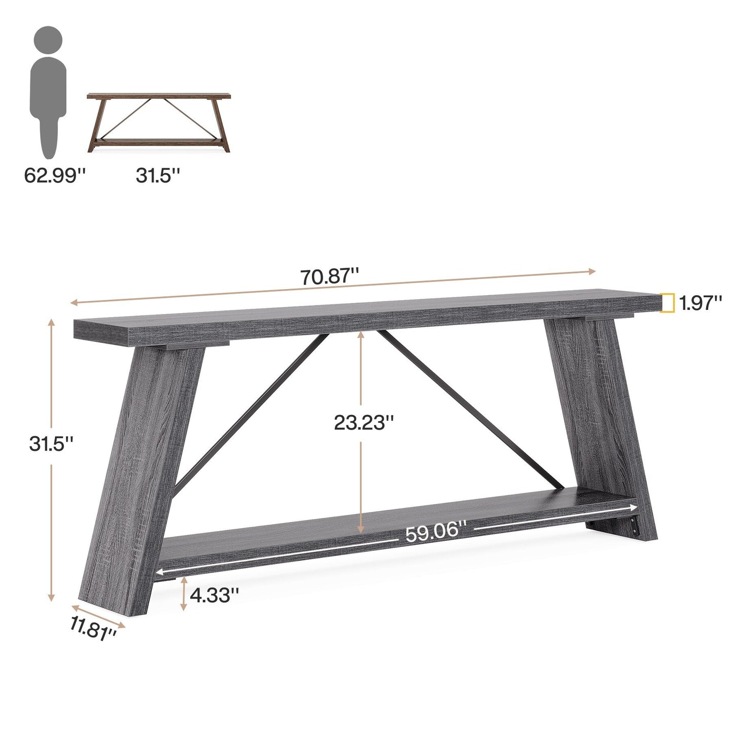 70.9 Inches Long Rustic Wood Console Sofa Table with Storage Shelf